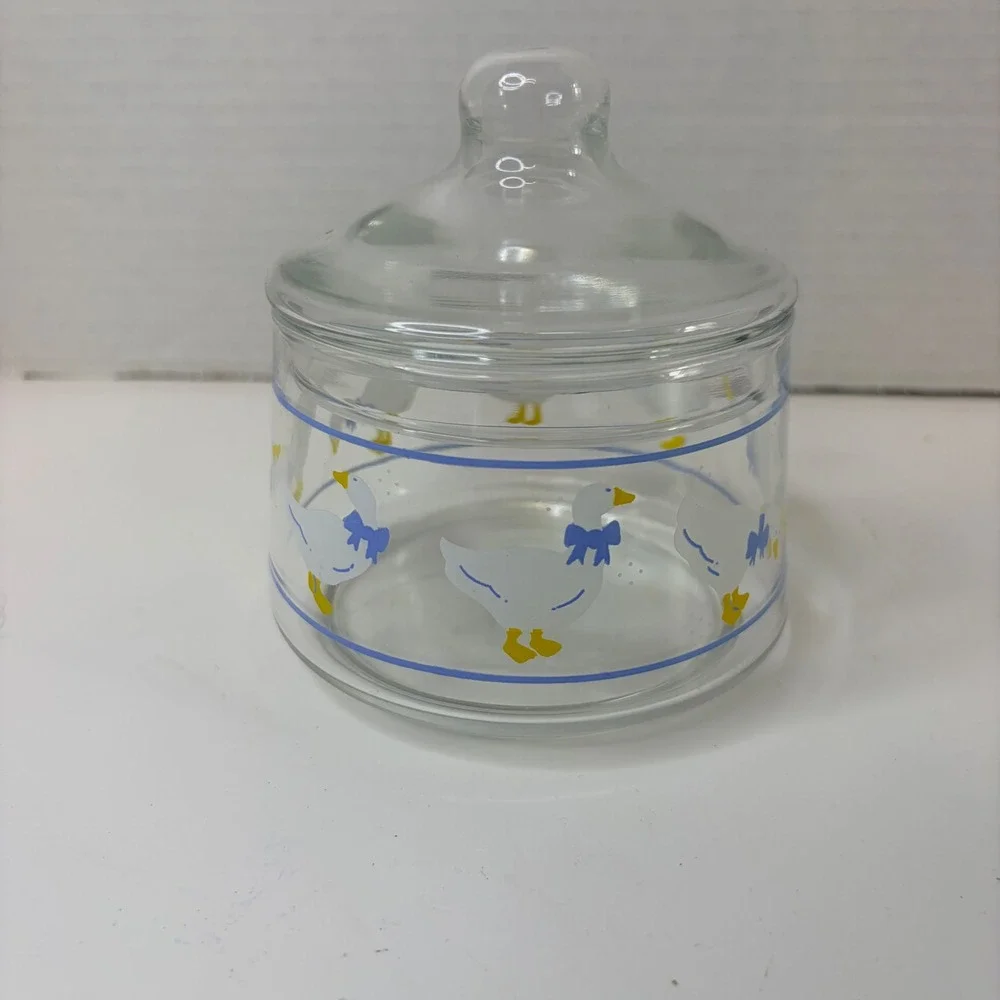 Vtg Clear Glass Goose Canister Blue Bow Farmhouse Storage Jar 5in Cottagecore